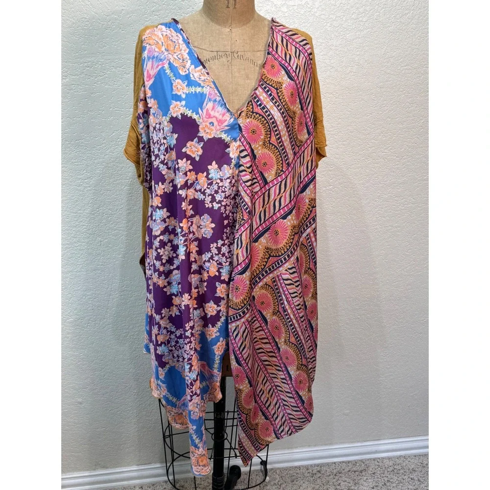 Free People Women Large Mixed Print Floral Asymmetrical Mustard Top OB1704333